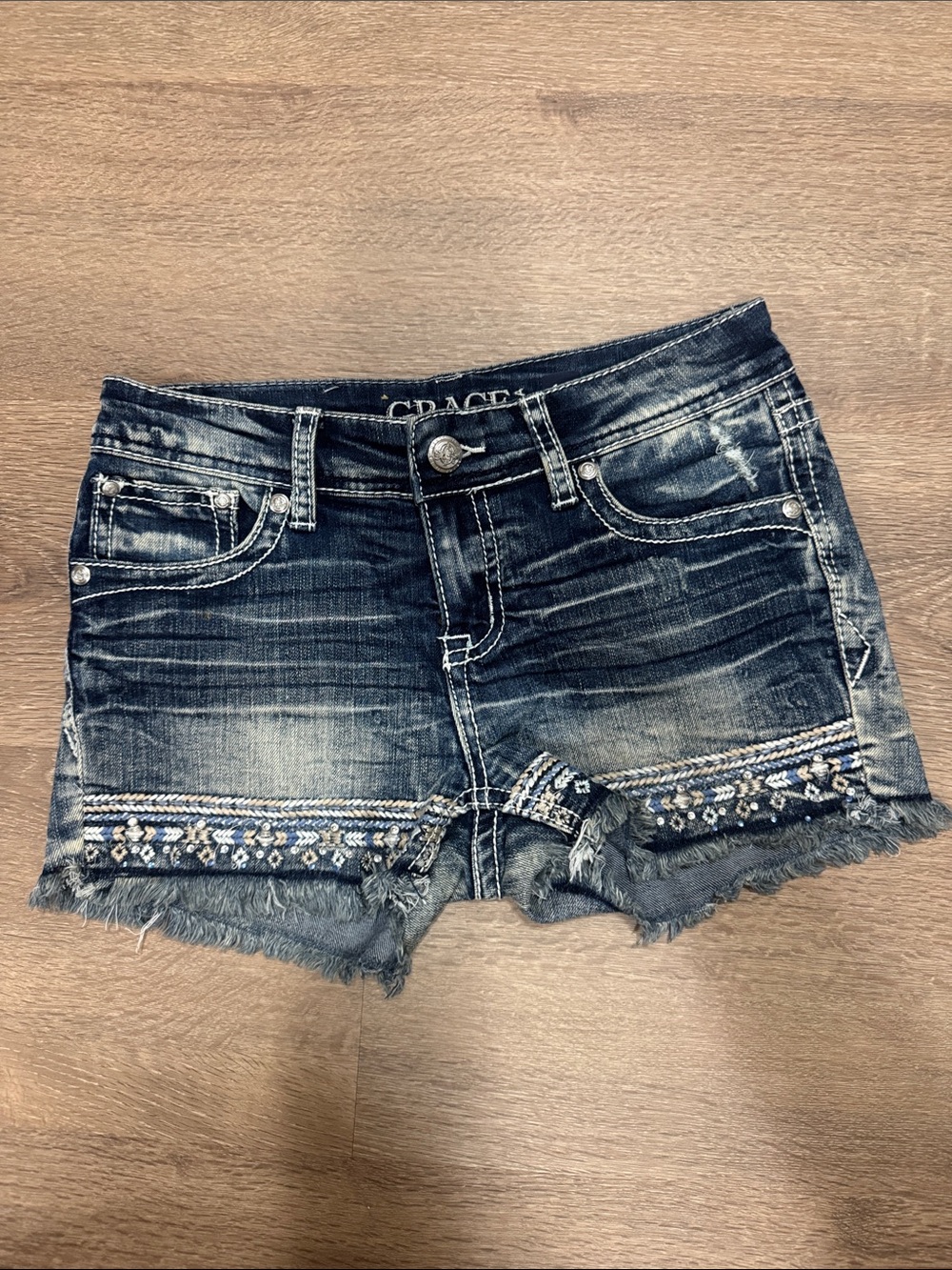 Grace in LA Dark Blue Embroidered Frayed Denim Shorts